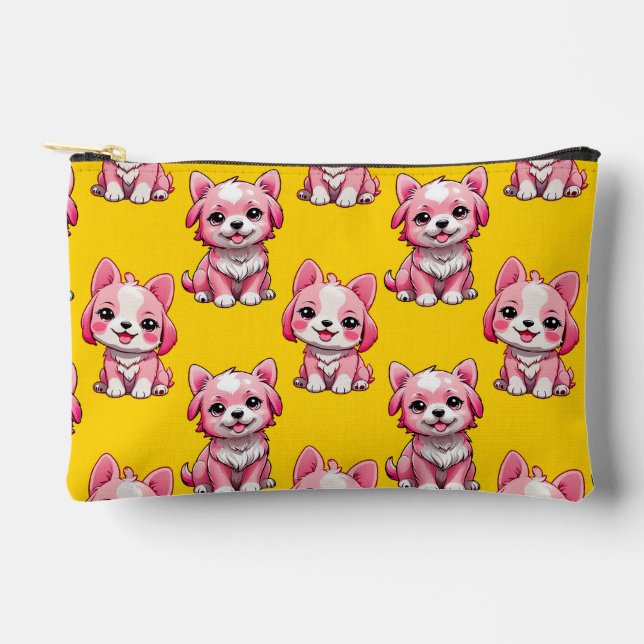 Pink Puppy Dog Pattern Design - Yellow  Accessory Pouch (Front)