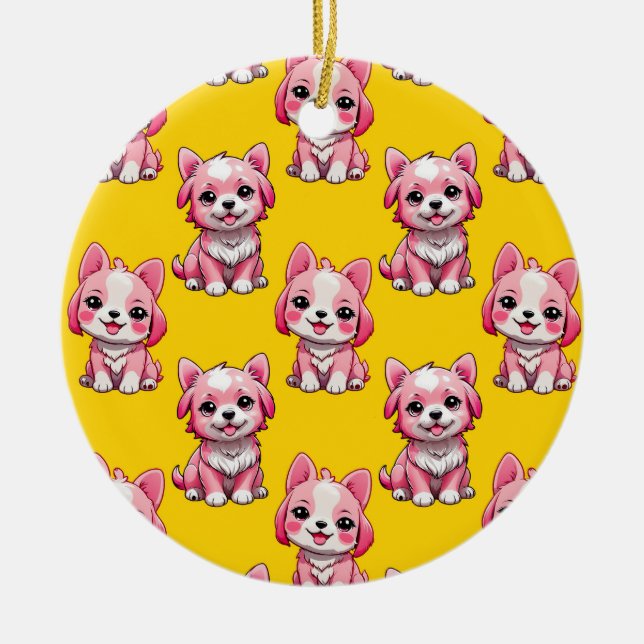 Pink Puppy Dog Pattern Design - Yellow  Ceramic Ornament (Front)