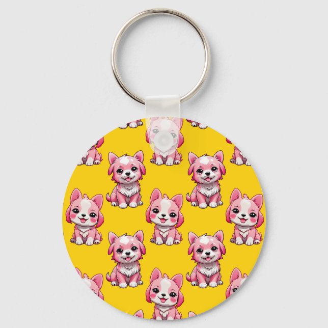 Pink Puppy Dog Pattern Design - Yellow  Key Ring (Front)