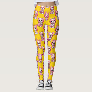 Pink Puppy Dog Pattern Design - Yellow  Leggings