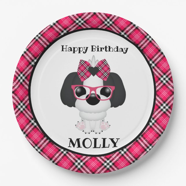 Pink Puppy Dog Personalised Birthday Party Napkins Paper Plate (Front)