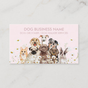 Pink Pups in Daisy Flowers, Dog Groomer Pet Sitter Business Card