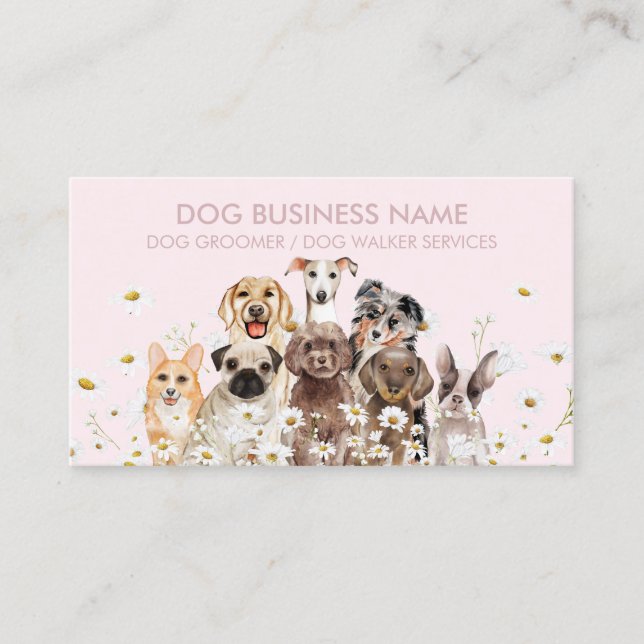 Pink Pups in Daisy Flowers, Dog Groomer Pet Sitter Business Card (Front)