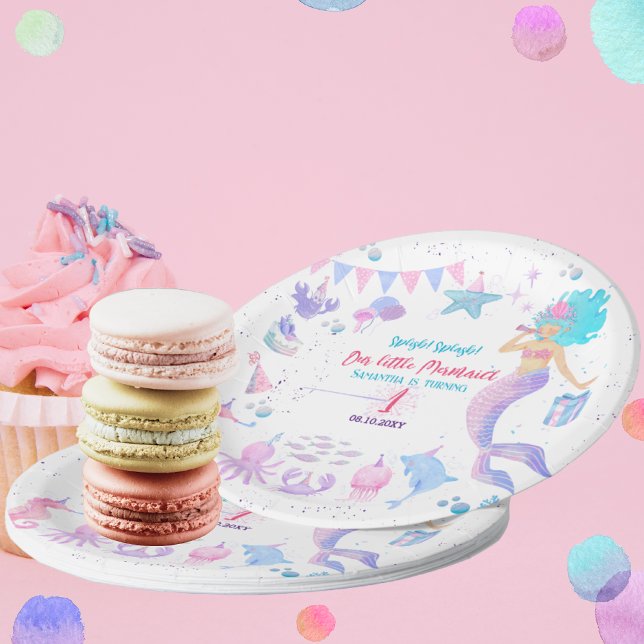 Pink Purple 1st Whimsical Girls Mermaid Birthday Paper Plate (Creator Uploaded)