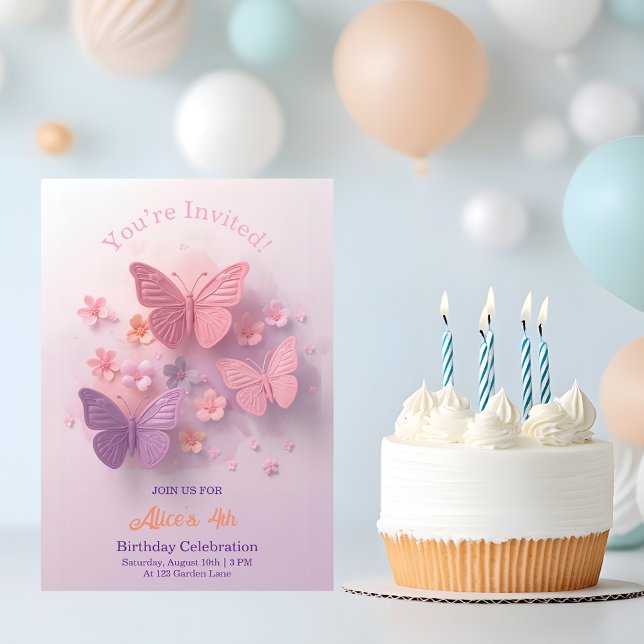 Pink Purple 3D Butterfly Girl Birthday Invitation (Creator Uploaded)