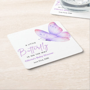 Pink Purple A Little Butterfly Baby Shower Square Paper Coaster