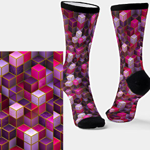 Pink Purple Abstract 3D Effect Cubes Socks