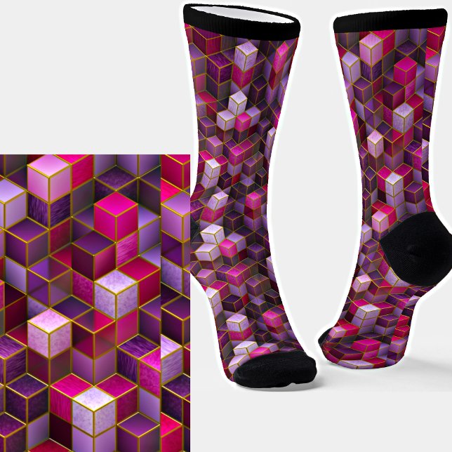 Pink Purple Abstract 3D Effect Cubes Socks (Creator Uploaded)