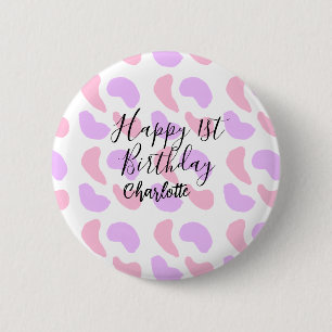 Pink purple abstracts shapes happy 1st birthday na 6 cm round badge
