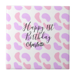 Pink purple abstracts shapes happy 1st birthday na ceramic tile