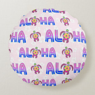 Pink Purple Aloha Hawaiian Tropical Turtle Round Cushion