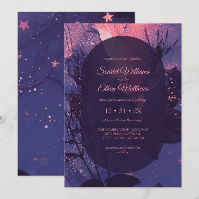 Pink Purple Alternative Gothic Luxury Wedding Invitation (Front/Back)