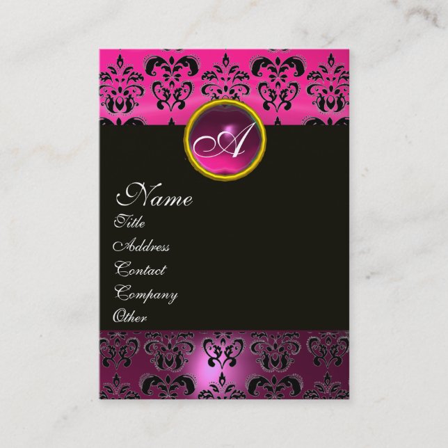 PINK PURPLE AMETHYST DAMASK MONOGRAM ,fuchsia gold Business Card (Front)