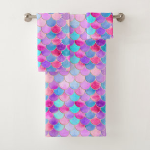 Pink, Purple and Aqua Mermaid Scale Pattern Bath Towel Set