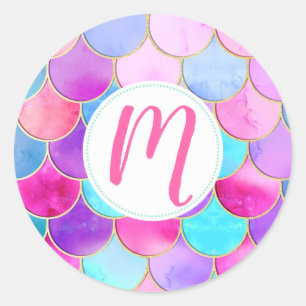 Pink, Purple and Aqua Mermaid Scale Pattern Classic Round Sticker