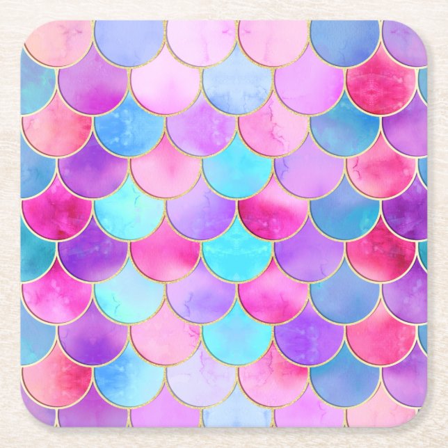 Pink, Purple and Aqua Mermaid Scale Pattern Square Paper Coaster (Front)