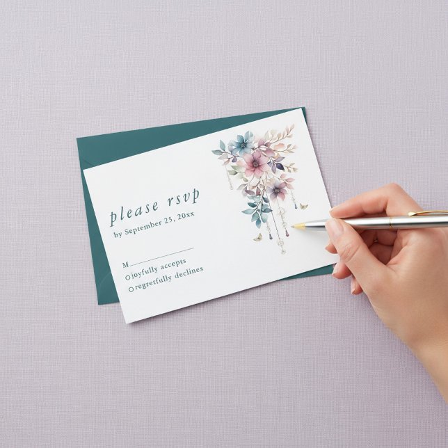pink purple and blue flowers and butterflies RSVP card (pink purple and blue flowers and butterflies RSVP card.)