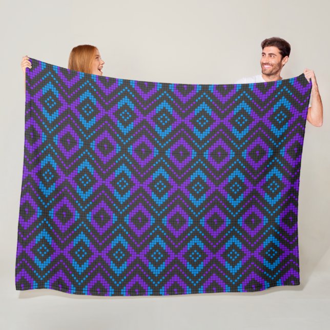 Pink Purple and Blue Pixel Geometric Pattern Blank Fleece Blanket (In Situ)