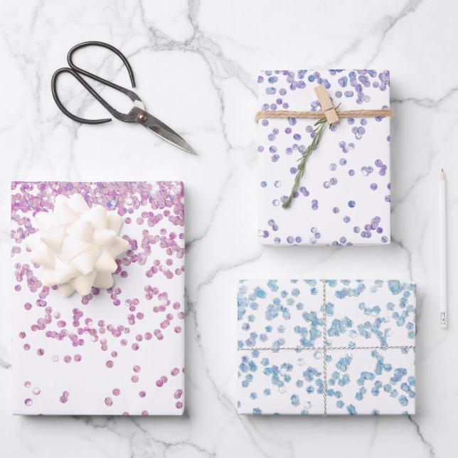 Pink Purple and Blue Sequin Sparkles Wrapping Paper Sheet (Front)