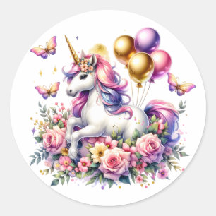 Pink Purple and Gold Unicorn Birthday   Classic Round Sticker