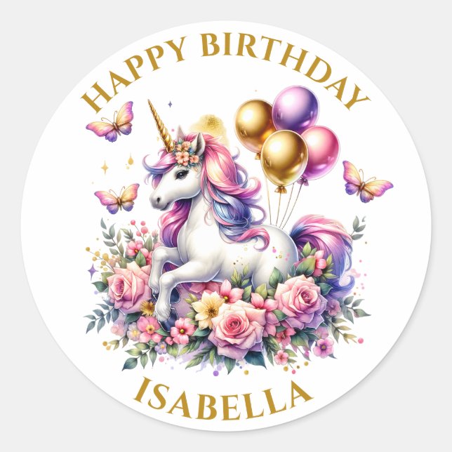 Pink Purple and Gold Unicorn Birthday Personalised Classic Round Sticker (Front)