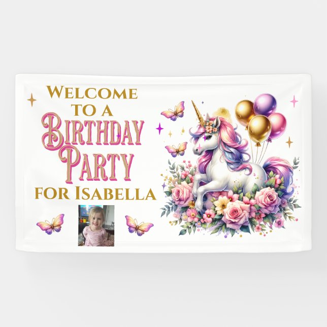 Pink, Purple and Gold Unicorn Welcome Birthday  Banner (Horizontal)
