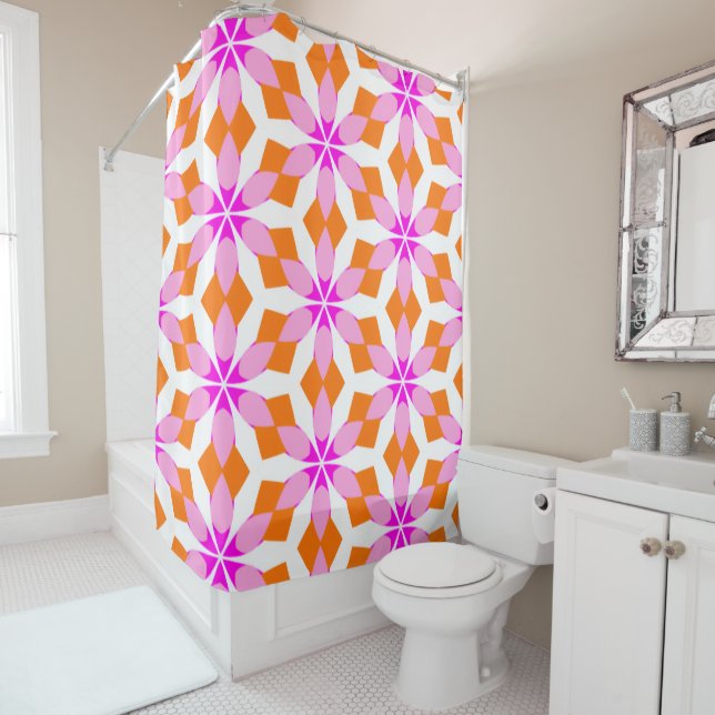Pink Purple and Orange Floral Geometric Shower Curtain (In Situ)