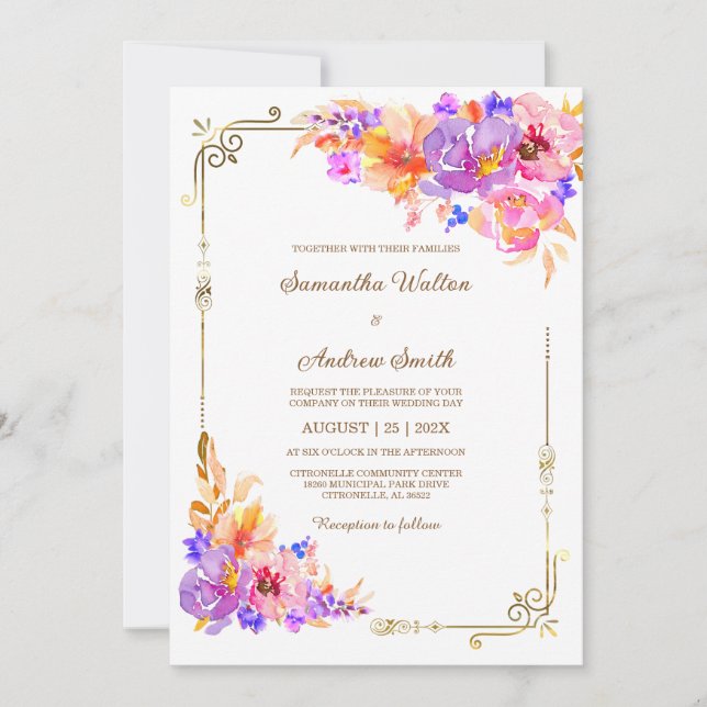 Pink, Purple and Orange Wedding Invitation (Front)