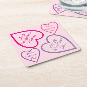 Pink Purple and Red Happy Valentine's Day Hearts Square Paper Coaster