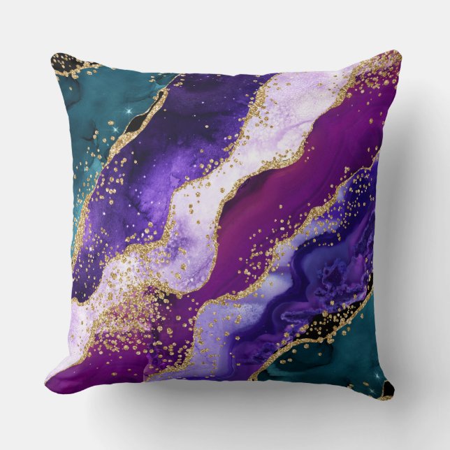 Pink, Purple and Teal Glitter Peacock Agate Cushion (Front)