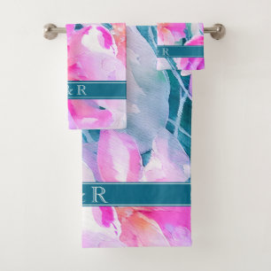 Pink Purple and Teal Watercolor Floral Monogram Bath Towel Set