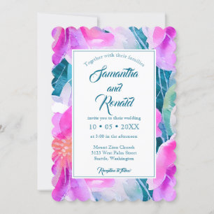 Pink Purple and Teal Watercolor Floral Wedding Invitation