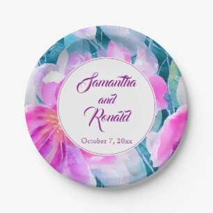 Pink Purple and Teal Watercolor Floral Wedding Paper Plate