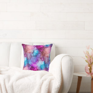 Pink Purple and Teal Watercolor Fluid Marble Cushion