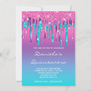 Pink Purple Aqua Teal Gradient Drip Quinceañera Invitation
