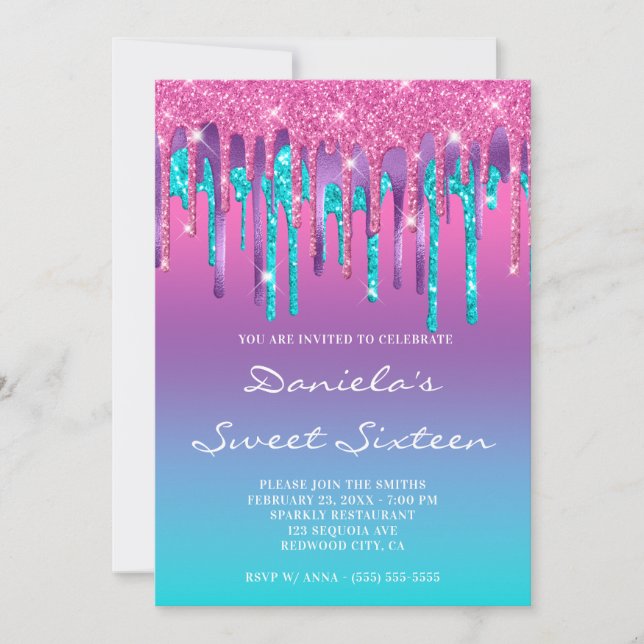 Pink Purple Aqua Teal Gradient Drip Sweet Sixteen Invitation (Front)