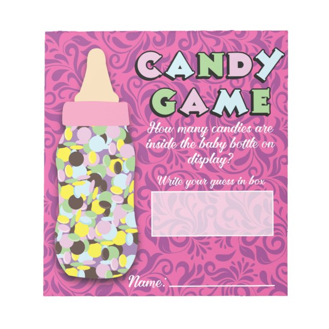 Pink & Purple Baby Bottle Candy Guessing Game Notepad (Front)