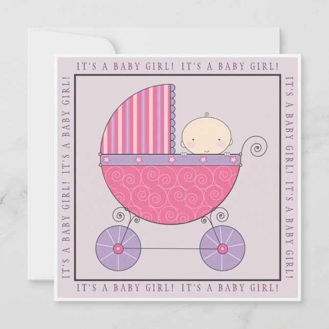 Pink & Purple Baby in Carriage Girl Baby Shower Invitation (Front)