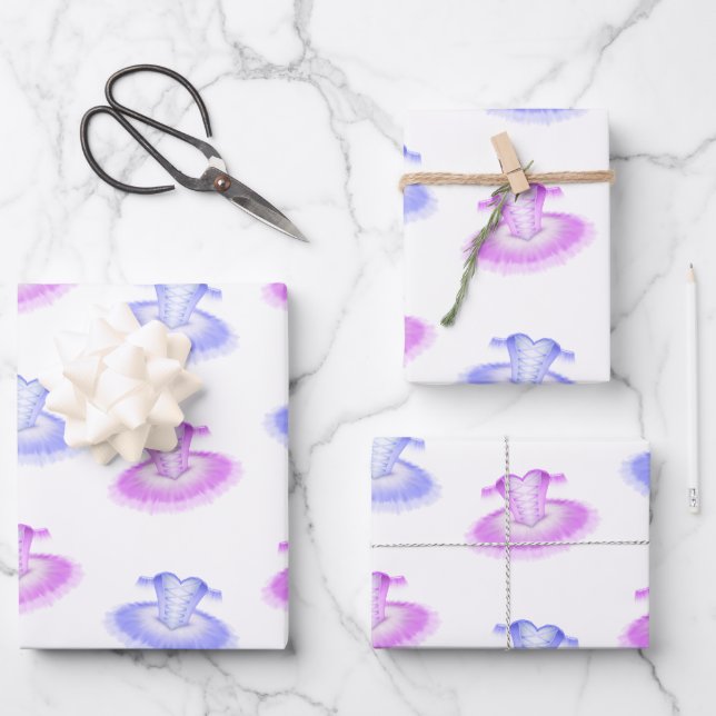 Pink & Purple Ballet Birthday Tutu Watercolour Wrapping Paper Sheet (Front)