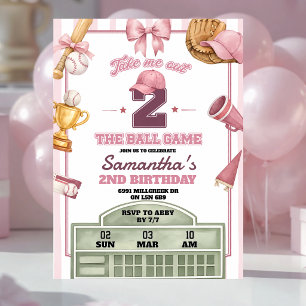 Pink Purple Baseball Theme 2nd Birthday Invitation