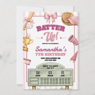 Pink Purple Baseball Theme Batter Up Girl Birthday Invitation