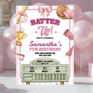 Pink Purple Baseball Theme Batter Up Girl Birthday Invitation