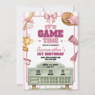 Pink Purple Baseball Theme Game Time Girl Birthday Invitation