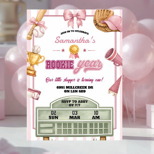 Pink Purple Baseball Theme Rookie Year Birthday Invitation