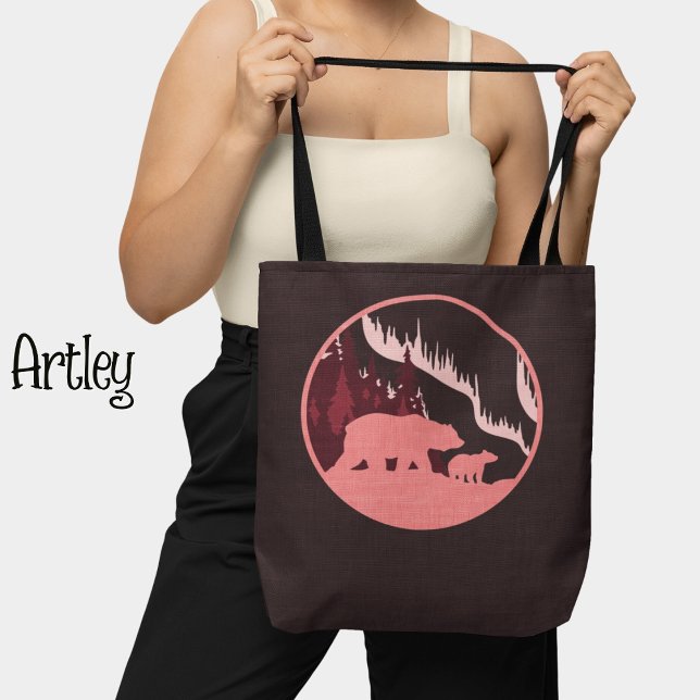Pink Purple Bears Outdoor Scene Northern Lights  Tote Bag (Creator Uploaded)