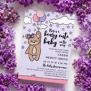 Pink Purple Beary Cute Girl Baby Shower Invitation