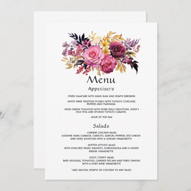 Pink, Purple, Black, and Gold Floral Guest Details Menu (Front/Back)