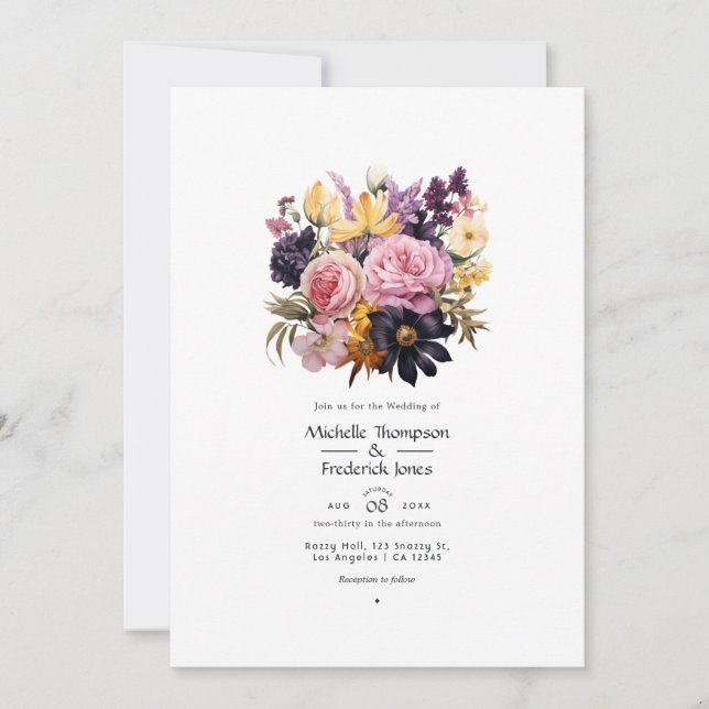 Pink, Purple, Black, and Gold Floral Wedding Invitation (Front)