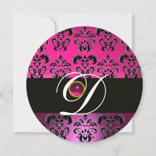 PINK PURPLE BLACK DAMASK MONOGRAM Amethyst Fuchsia Invitation