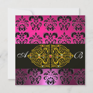 PINK PURPLE BLACK DAMASK MONOGRAM ,fuchsia,gold Invitation